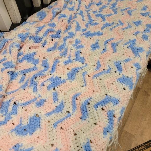 Blue, pink, and white baby Afghan hand-made with Fringe - Picture 7 of 7